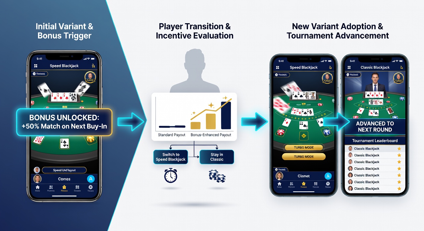 Live dealer blackjack table with players transitioning between standard and variant rounds during a mobile tournament